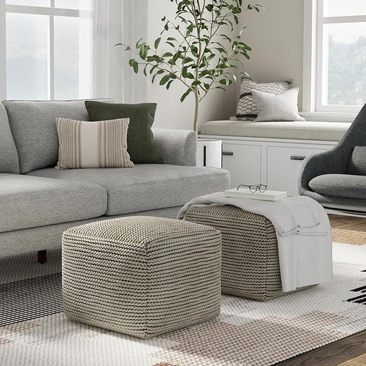 SIMPLIHOME Eastmont Boho Square Pouf in Cream Polystyrene Filling for the Living Room, Bedroom and Kids Room
