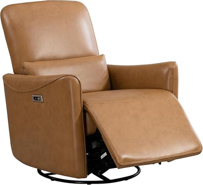 Power Swivel Recliner Chair, Faux Leather Glider Electric Rocking Chair for Adults. Nursery Rocker Single Sofa Chair with Lumbar Support for Living Room. Dual-port Charging: Type-C&USB, Brown