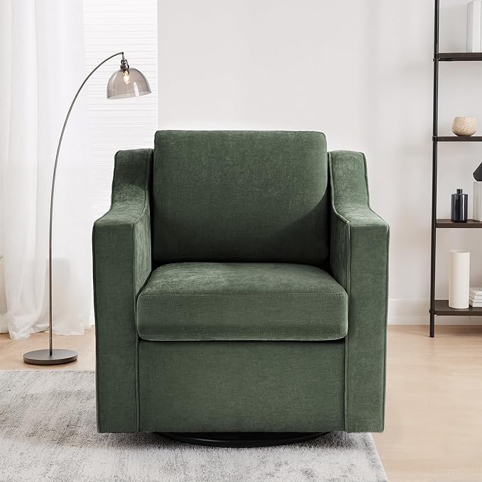 UIXE Swivel Accent Chairs Set of 2, Chenille Upholstered Arm Chair for Living Room, Modern Club Armchair Comfy Single Sofa Bedroom Reading Seat with Lumbar Pillow - Green
