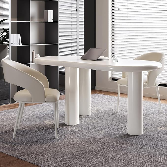 Modern Cream-White Office Desk with Beige Business Chair, Large Computer Table Set, Minimalist and Sturdy Workstation and Workstation, Ideal for Office, Home Office, and Gaming (Desk Only)