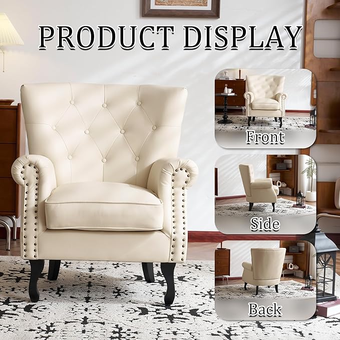 Modern Faux Leather Accent Chair, Upholstered Mid-Century Armchair with Solid Wood Legs, Single Sofa Chair for Living Room, Bedroom, or Reading Room（Ivory White）
