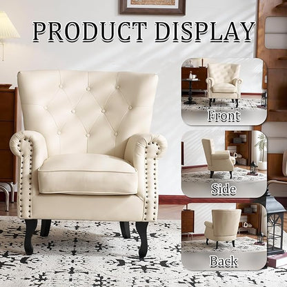 Modern Faux Leather Accent Chair, Upholstered Mid-Century Armchair with Solid Wood Legs, Single Sofa Chair for Living Room, Bedroom, or Reading Room（Ivory White）