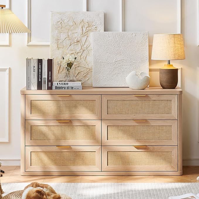 LEYAOYAO Rattan 6 Drawer Dresser for Bedroom, Boho 54" Wide Natural Wood Dresser Chest of Drawers, Dressers TV Stand with Metal Handle, Storage Dressers Closet Organizer for Living Room, Hallway