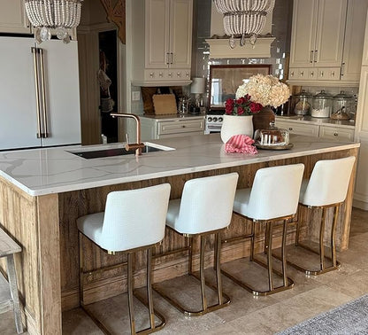 MAISON ARTS Bar Stools Set of 2, 24 Inch Counter Height Barstools with Back, Modern Upholstered Faux Leather Bar Chairs for Kitchen Island Home Bar, Gold Metal Frame, Footrest, Off White
