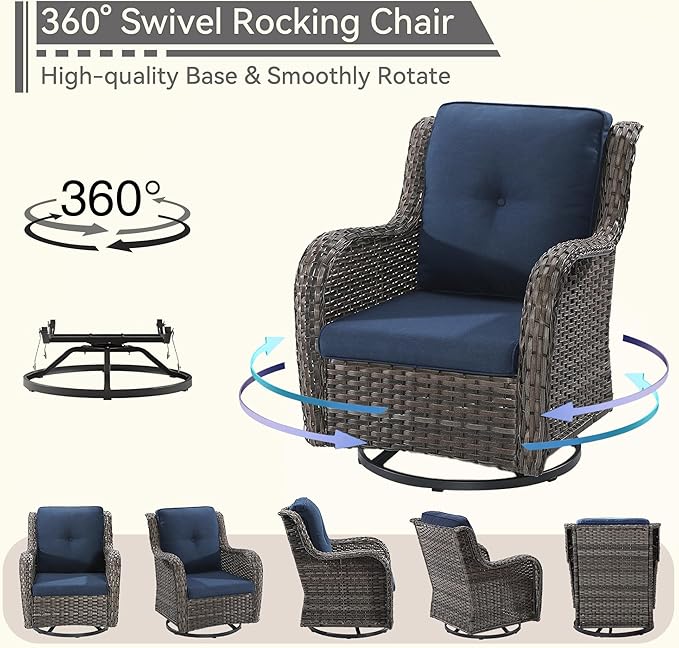 Wicker Patio Furniture Set 6 Piece, Outdoor Furniture Patio Conversation Set Includes 1 Three-Seat Sofa, 2 Swivel Rocker Chairs, 2 Ottomans and 1 Side Table,Blue