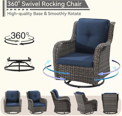 Wicker Patio Furniture Set 8-PCS with A 3-Seat Sofa, 2 Swivel Rocking Chairs, 2 Armchairs, 2 Ottomans and 1 Side Table Patio Conversation Set, Blue
