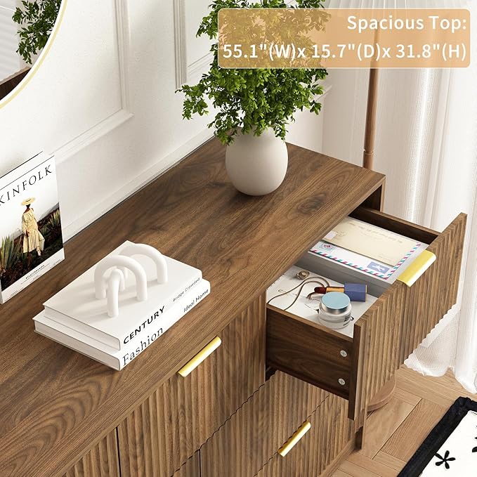 3-Piece Modern Bedroom Furniture Set, Wide 7-Drawer Dresser & 3-Drawer Nightstands Set of 2, Natural Wood Dresser and Nightstand Sets for Bedroom,Hallway, Walnut
