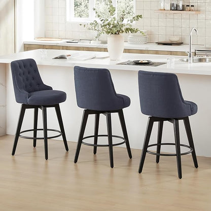 Watson & Whitely Counter Height Bar Stools Set of 3, Performance Fabric Upholstered Modern Swivel Barstool with Back, Solid Wood Legs, 26" H Seat, Insignia Blue