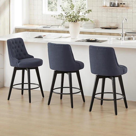 Watson & Whitely Counter Height Bar Stools Set of 3, Performance Fabric Upholstered Modern Swivel Barstool with Back, Solid Wood Legs, 26" H Seat, Insignia Blue