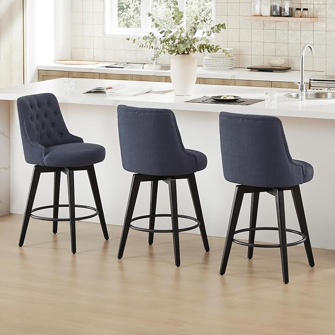 Watson & Whitely Modern Swivel Bar Stools, Performance Fabric Upholstered Counter Height Bar Stool with Back, Solid Wood Legs, 26" H Seat, Set of 2, Insignia Blue