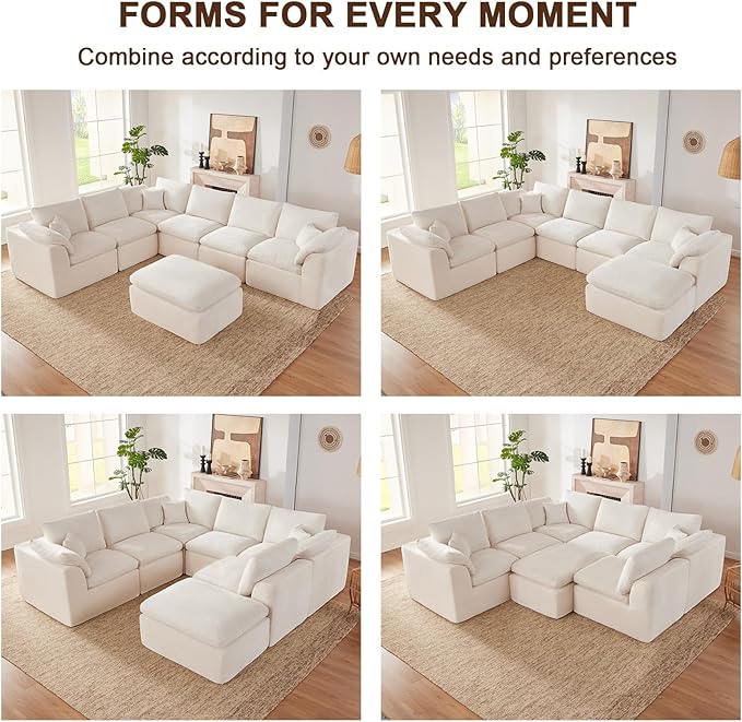143" Cloud Sectional Couch, Boneless couches for Living Room, 7 Seater Large Modular Sectional Sofa with Deep Seat, Comfy Soft Cushions, No Assembly, Beige