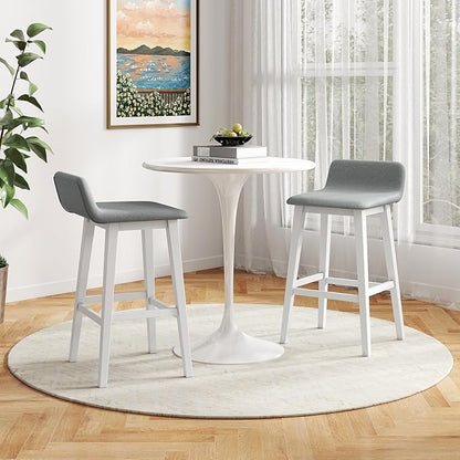 COSTWAY Wooden Bar Stools Set of 4, 29-inch Height Upholstered Padded Seat, Low Backrest, Footrest, Rubber Wood Legs, Armless Bar Chairs for Kitchen Counter Island, Dining Room, White+Gray