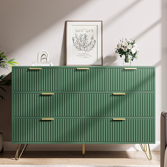 Green Dresser for Bedroom, 7 Drawer Dresser with Gold Pulls, Wide Chest of Drawers for Bedroom, Entryway, 47.2" L x 15.7" D x 31.4" H