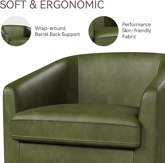 Swivel Barrel Accent Chair, Round Faux Leather Living Room Arm Chairs, Modern Upholstered Comfty Reading Nook Chairs for Bedroom, Small Club Armchair, Single Sofa Side Chair, Green