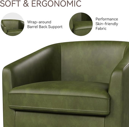 Swivel Barrel Accent Chair, Round Faux Leather Living Room Arm Chairs, Modern Upholstered Comfty Reading Nook Chairs for Bedroom, Small Club Armchair, Single Sofa Side Chair, Green