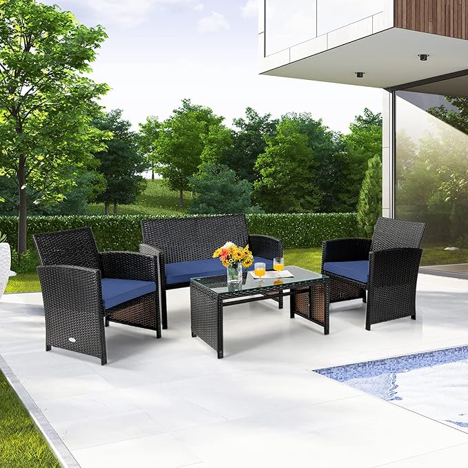 COSTWAY Patio Furniture Set 4 Pieces, Outdoor Wicker Chairs Sofa w/Coffee Table and Soft Cushions, Rattan Conversation Sets for Patio Lawn Backyard Yard Pool Garden, Navy