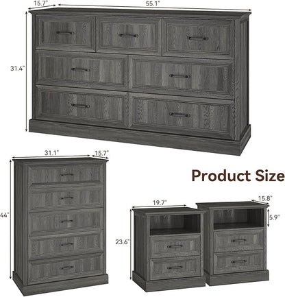 Farmhouse Dresser and Nightstand Sets, 4Pcs Bedroom Furniture Set, Nightstand Set of 2 & 55" Wide 7 Drawer and 44" Tall 5 Drawer Dresser with Large Drawers & Bar Handles, Grey
