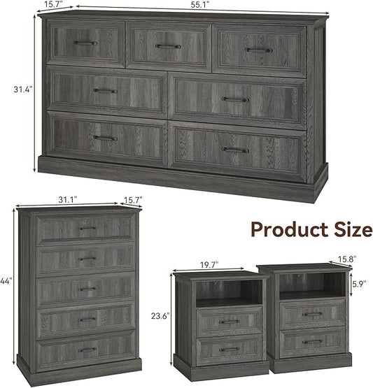 Farmhouse Dresser and Nightstand Sets, 4Pcs Bedroom Furniture Set, Nightstand Set of 2 & 55" Wide 7 Drawer and 44" Tall 5 Drawer Dresser with Large Drawers & Bar Handles, Grey