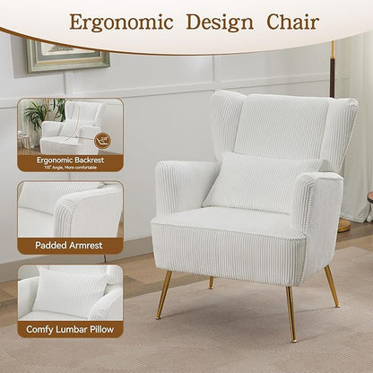 Living Room Chairs Corduroy Accent Armchair with Lumbar Pillow & Gold Leg, 8.5" Thick Cushion, Mid Century Modern High Wingback Bedroom Chairs Upholstered Comfy Sofa Arm Chair, White