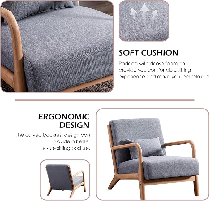 Accent Chair Mid Century Modern Chair Linen Fabric Living Room Chairs with Solid Wood Frame Comfy Upholstered and Lumbar Pillow Reading Side Chair Easy Assembly for Bedroom (1, Grey)