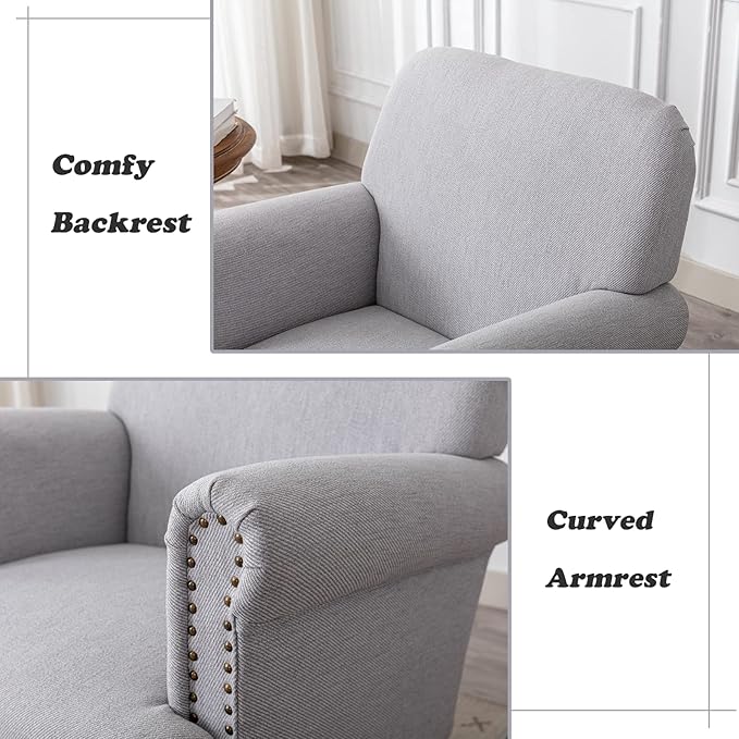Linen Accent Chair Mid-Century Modern Living Room Armchair with Nailhead Trim & Wood Legs Comfy Upholstered Single Sofa Chair for Lounge/Bedroom/Reception, Grey