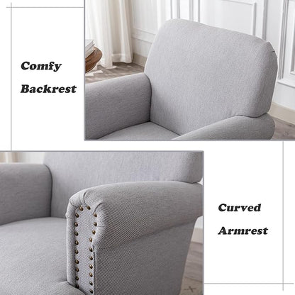 Linen Accent Chair Mid-Century Modern Living Room Armchair with Nailhead Trim & Wood Legs Comfy Upholstered Single Sofa Chair for Lounge/Bedroom/Reception, Grey
