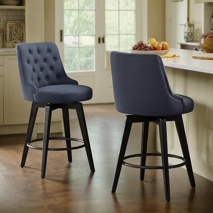 Watson & Whitely Counter Height Bar Stools, Performance Fabric Upholstered Modern Swivel Barstool with Back, Solid Wood Legs, 26" H Seat, Insignia Blue