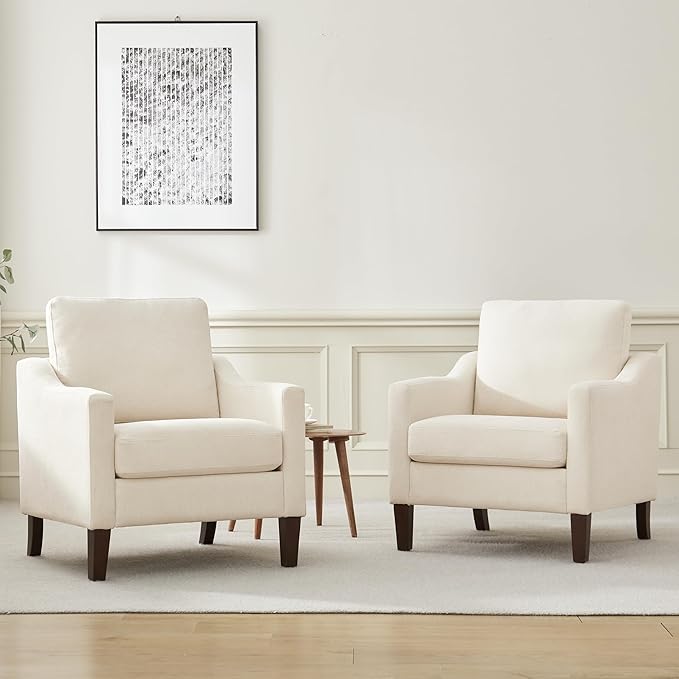 VKNOW Mid Century Modern Accent Chairs Set of 2, Upholstered Living Room Chairs Armchair for Bedroom, Comfy Reading Accent Chairs with Wood Legs for Living Room, Beige