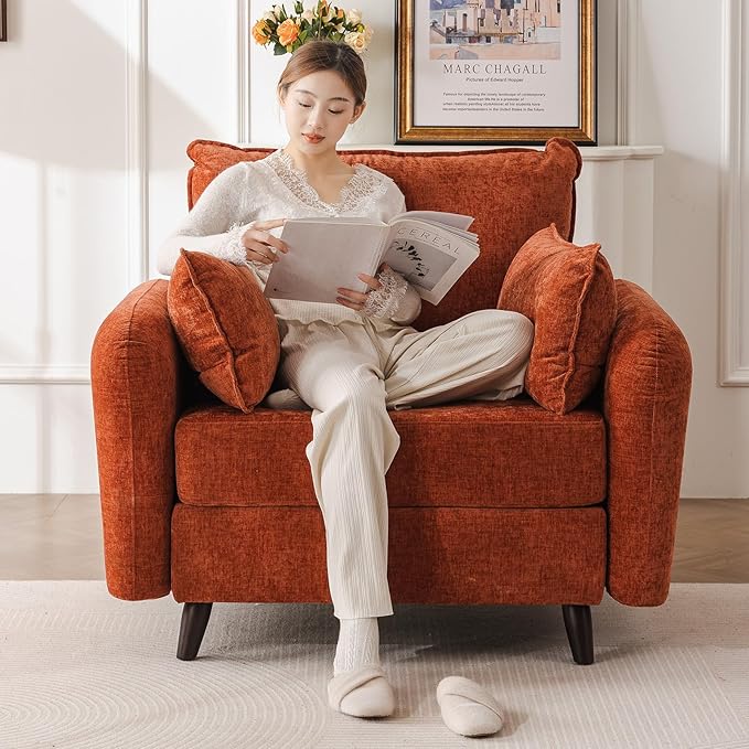 Oversized Accent Chair with All Seats Storage,Comfy Living Room Chairs with 2 Throw Pillow,Upholstered Mid-Century Armchair,24.5'' Deep Seat,Reading Chair for Bedroom,Office,Chenille,Orange