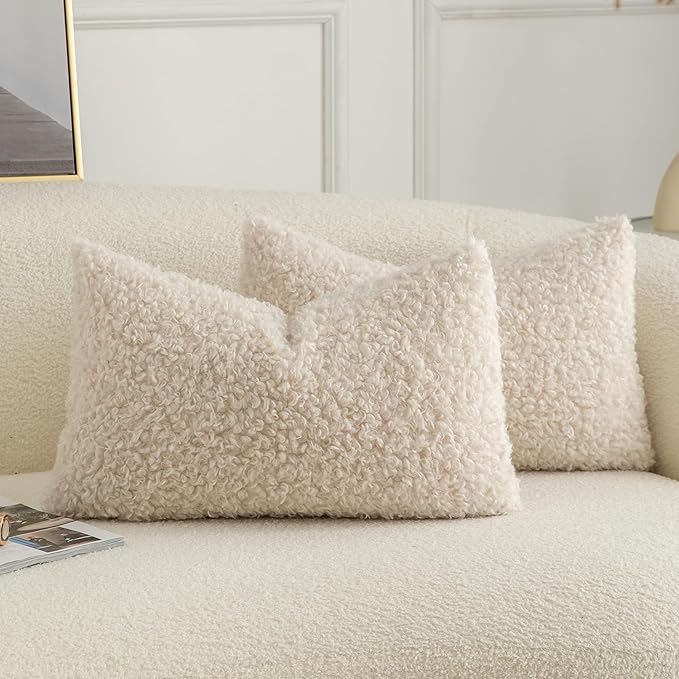 Pack of 2 Curly Teddy Wool Faux Fur Throw Pillow Covers Fuzzy Accent Soft Sherpa Pillowcases Sheepskin Fleece Decorative Cushion Case for Sofa Couch Living Room 12x20 Inch Neutral Light Beige
