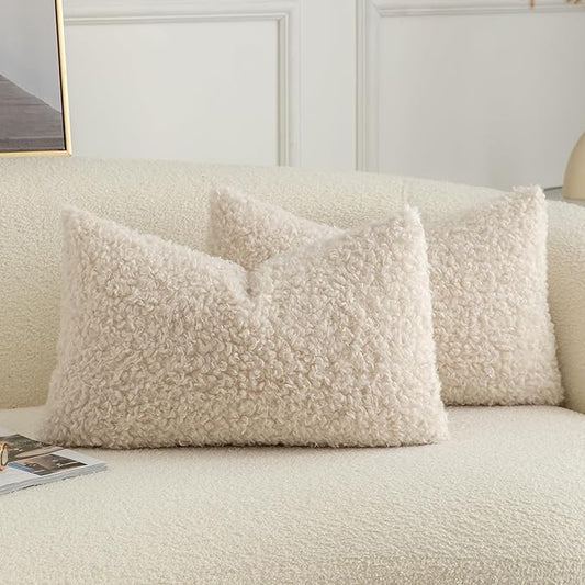 Pack of 2 Curly Teddy Wool Faux Fur Throw Pillow Covers Fuzzy Accent Soft Sherpa Pillowcases Sheepskin Fleece Decorative Cushion Case for Sofa Couch Living Room 12x20 Inch Neutral Light Beige