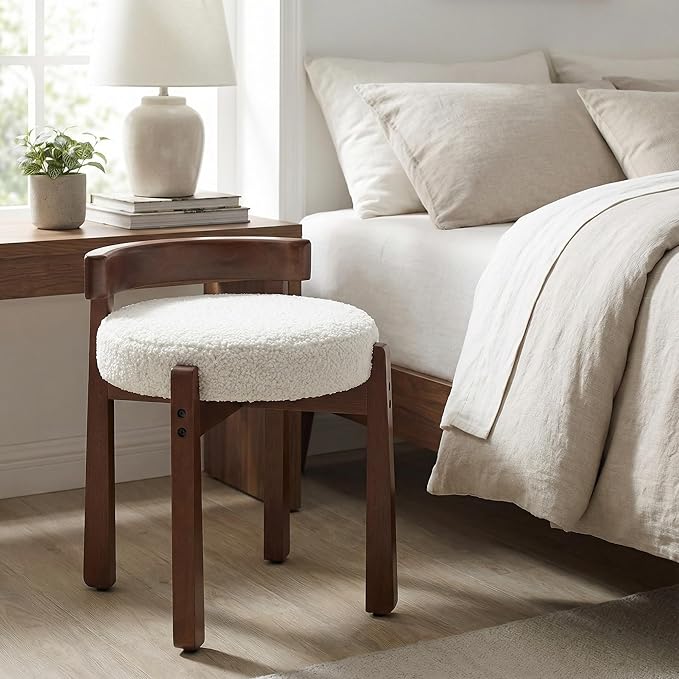 HNY Modern Boucle Ottoman : Upholstered Vanity Chair with Solid Wood Legs, Cute Round Footrest for Bedroom & Living Room, White