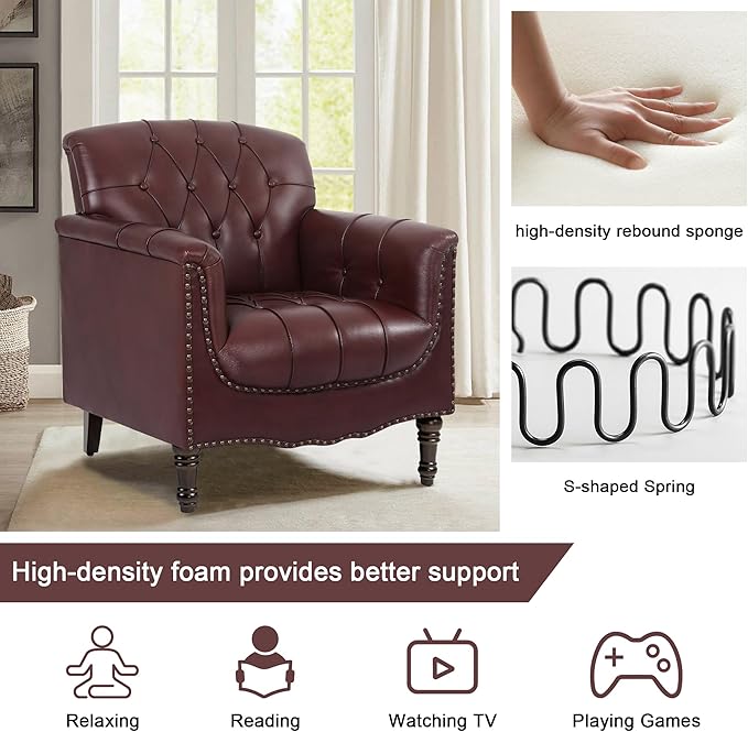 Lumibee Faux Leather Armchair, Contemporary Accent Chair with Nailhead Trims & Wood Legs for Living Room, Upholstered Comfy Arm Chair for Office,Bedroom-Dark Red
