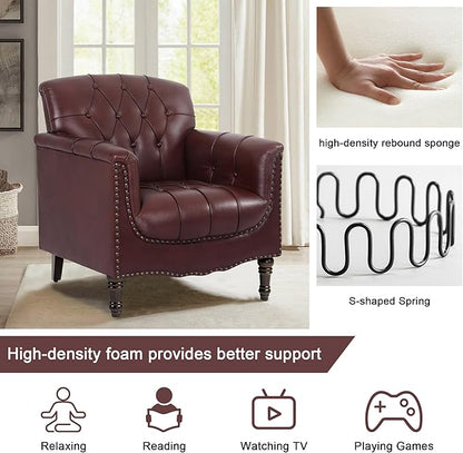 Lumibee Faux Leather Armchair, Contemporary Accent Chair with Nailhead Trims & Wood Legs for Living Room, Upholstered Comfy Arm Chair for Office,Bedroom-Dark Red