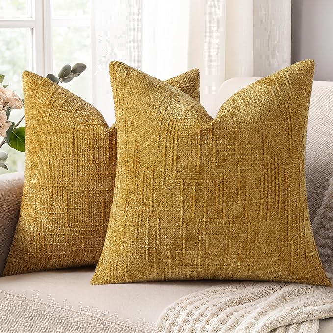 decorUhome Mustard Yellow Chenille Throw Pillow Covers 20x20 Set of 2 Thick Textured Slubby Couch Pillow Covers Farmhouse Accent Modern Neutral Decorative Pillow Cases for Bed Sofa Living Room