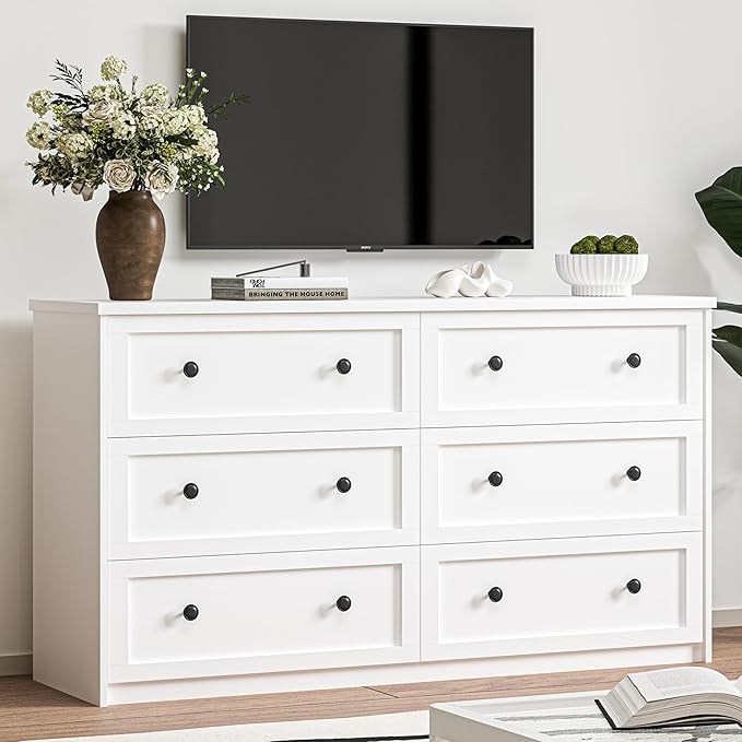 CHUWELL White Dresser for Bedroom, 55.1" Wide Dressers & Chests of Drawers with Large Capacity Storage, 6 Drawer Dresser for Bedroom