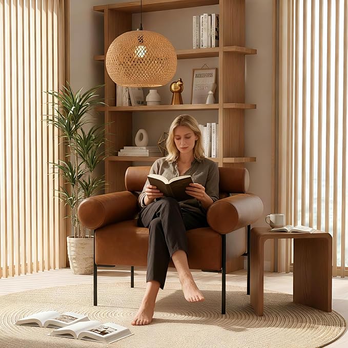 Modern Accent Chair, Single Sofa Accent Chair for Living Room, Upholstered Leather Mid-Century Modern Armchair, Oversized Reading Chair with Channel Tufted for Bedroom, Office, Brown