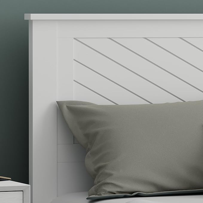 Serene Poplar Wood Queen Size Headboard in White, Modern Farmhouse Panel with Chevron Scoring, Casual Coastal Style, Easy Assembly, Quality Materials
