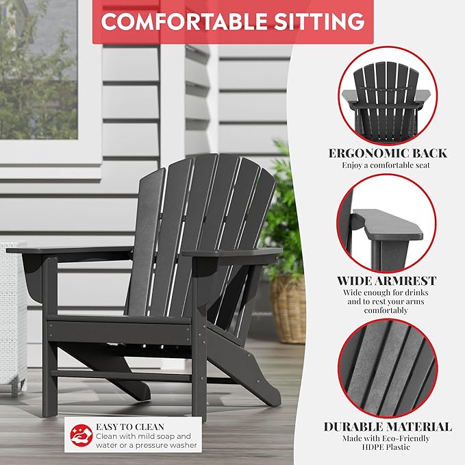 Costaelm Outdoor Adirondack Chair, HDPE Patio Chair, Weather Resistant Lawn Firepit Outside Chairs for Porch, Poolside, Garden, Backyard Deck, Gray