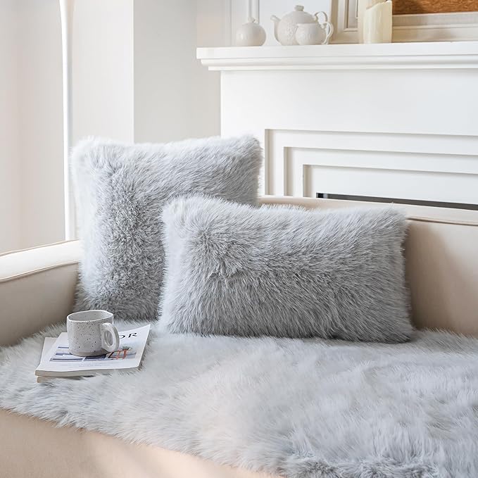 Neelvin Light Grey Faux Fur Cozy Fluffy Double-Sided Decorative Throw Pillow Covers 24x24 inch Set of 2,Velvet Pillowcase Cushion Case for Sofa Couch