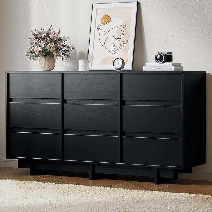 Black Dresser for Bedroom, 59" Wide 9 Drawer Dresser, Mid Century Modern Dressers Chest of Drawers, Wooden Large Dressers for Bedroom, Closet