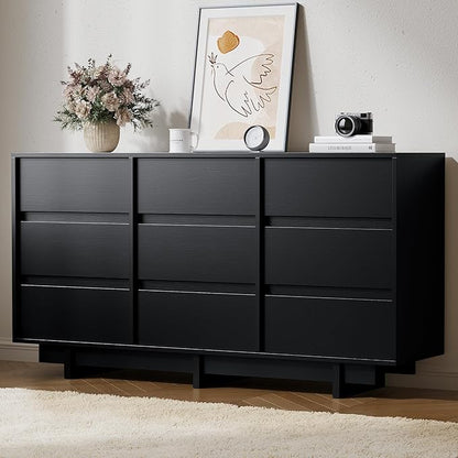Black Dresser for Bedroom, 59" Wide 9 Drawer Dresser, Mid Century Modern Dressers Chest of Drawers, Wooden Large Dressers for Bedroom, Closet