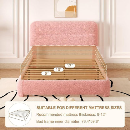 Full Size Cloud Bed Frame, Upholstered Boucle Platform Bed with Adjustable Headboard, Anti-Collision Soft Rounded Corners, Noise Free, Easy Assembly, Pink