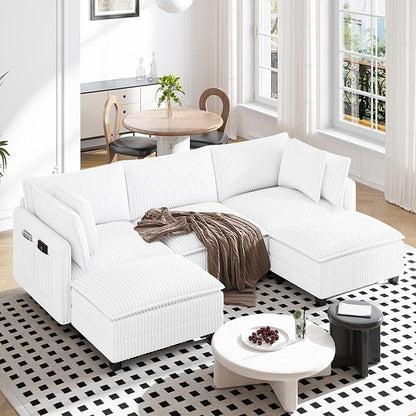 Vesgantti 109" U Shaped Cloud Sectional Sofa, Comfy Corduroy Upholstered Sectional Modular Sofas for Living Room, Modern Modular Couch with 2 Ottoman Deep Seat, Warm White