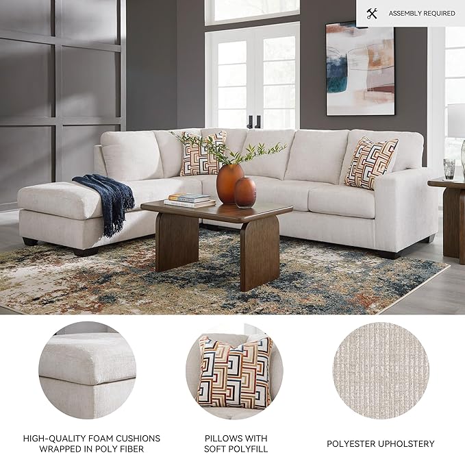 Signature Design by Ashley Aviemore Casual L-Shaped 2-Piece Sectional with Chaise and Loose Seat Cushions, Accent Pillows Included, 110" Wide, Light Gray