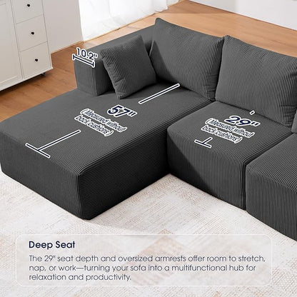 KINGYES 107'' Modular Sectional Sofa, L Shaped Cloud Couch for Living Room, Modern Boneless Sofa with Chaise for Bedroom, Gray