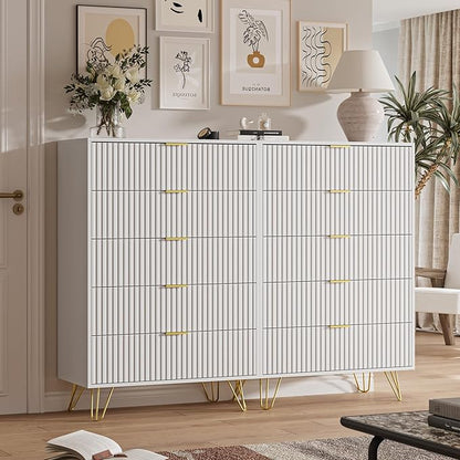 5 Drawers Dresser for Bedroom, 47" Tall Modern Chest of Drawers with Gold Handle, Fluted Wood Dresser for Bedroom, Living Room, Hallway, Entryway, White