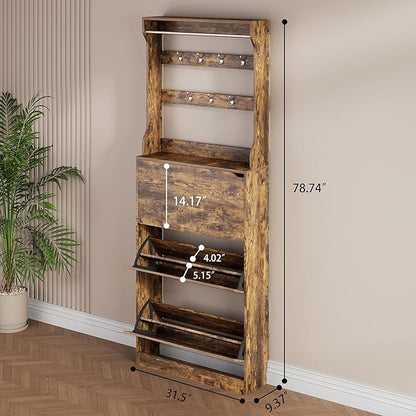 Shoe Storage Cabinet, Wood Shoe Organizer for Entryway with 3 Flip Drawers, Freestanding Shoe Rack with Adjustable Shelf, Narrow Shoe Dresser for Front Door Entrance(Brown, 78.74" x 31.5" x 9.37")