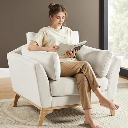 VANOMi Large-Sized Accent Chair, Thick Cushion Bedroom Reading Chair, Comfortable Living Room Single Sofa, Chenille White