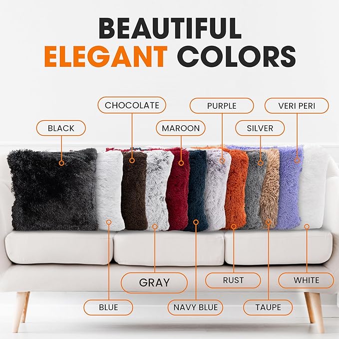 Cheer Collection Throw Pillows for Couch and Bed, Soft Shaggy Throw Pillows with Inserts Included, Cozy Long Hair Faux Fur Pillows - Set of 2-22" x 22" Gray
